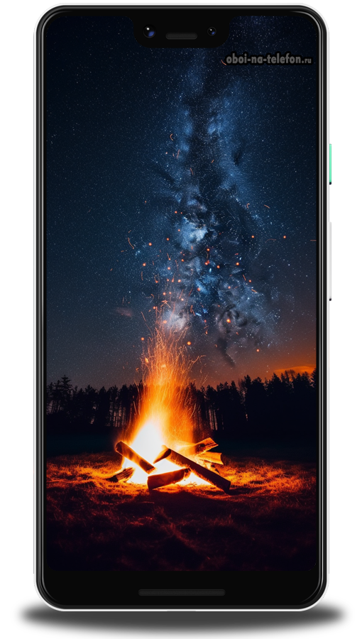  Обои на телефон Темные обои с изображением костра горящего в ночном лесу под звёздным небом, картинка вызывает теплые эмоции. 