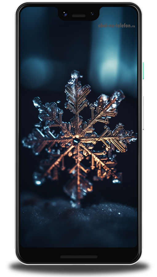 Обои на телефон Обои с изображением замерзшей снежинки, в снежинке играет луч света. После просмотра таких обоев приходит умиротворение.