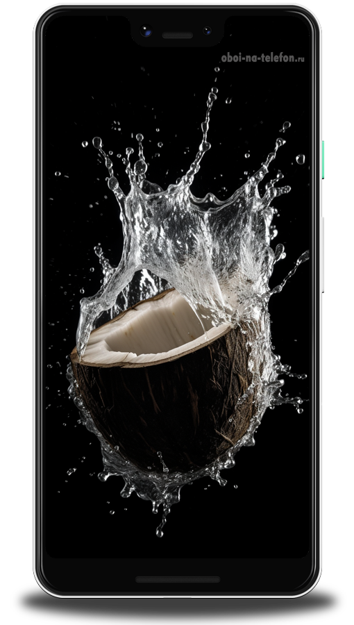  Крутые Обои на телефон Отличные темные обои с изображением кокоса с брызгами воды, очень эмоциональная картинка.