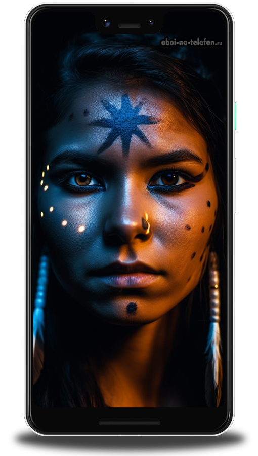  Обои на телефон Обои с изображением лица девушки из племени Команчи, на её лице светятся звёзды как символ человека с другой планеты.