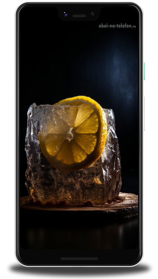 Обои на телефон Черные обои с изображением куска льда в который вмерзла долька лимона. Завораживающее зрелище