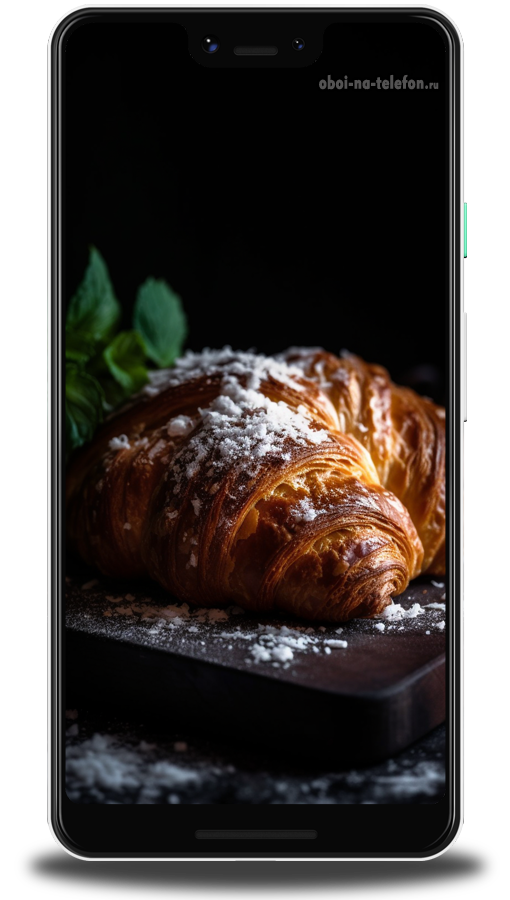 Обои на телефон Черные обои специально для любителей франции, на картинке изображён круассан присыпанный сахарной пудрой.