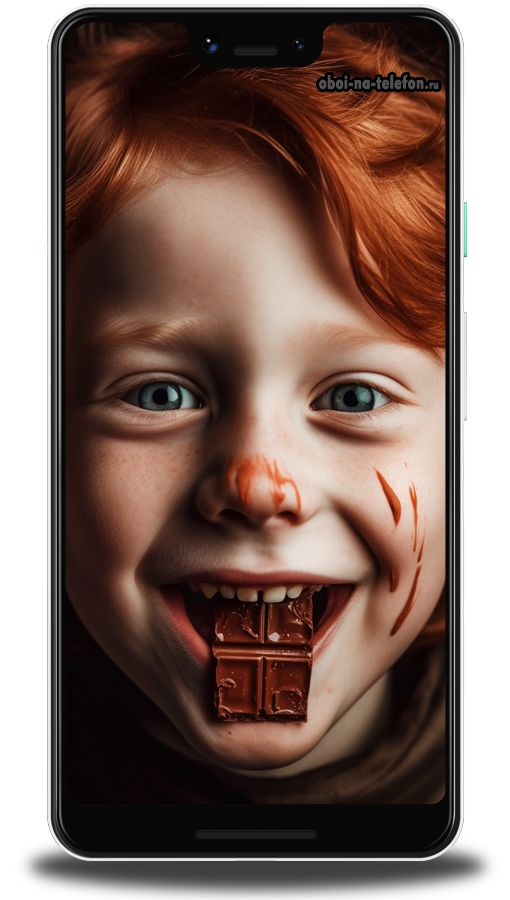  Обои на телефон Картинка которую можно использовать в рекламе шоколада. На фотографии мальчик который ест шоколад. Обои созданы с помощью нейросети Midjourney.