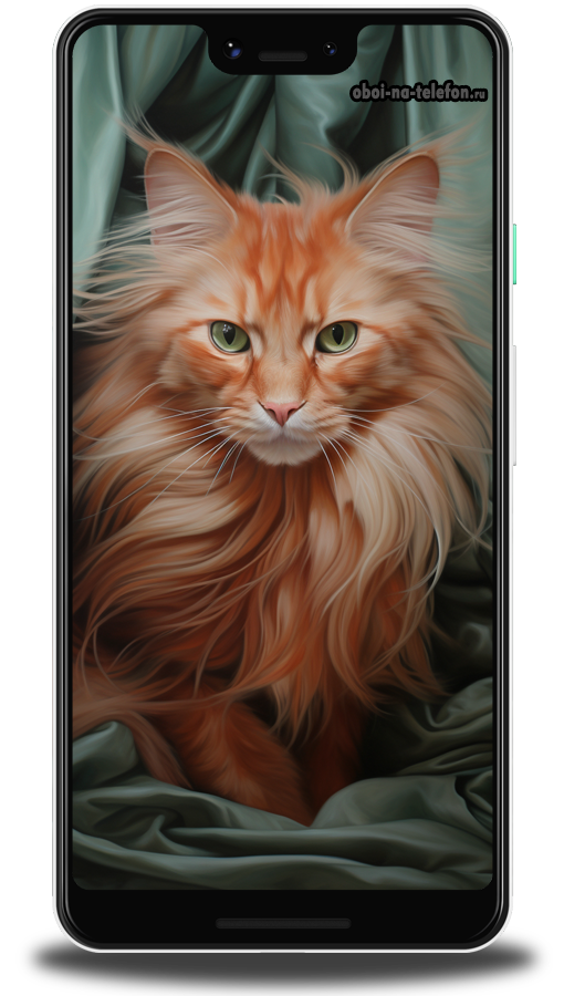 Обои пастельных тонов с изображением кошки на фоне бирюзового шёлка. Создаётся радостное настроение после каждого запуска телефона.